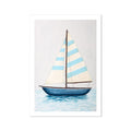 Boat art print with striped sails on a light grey background