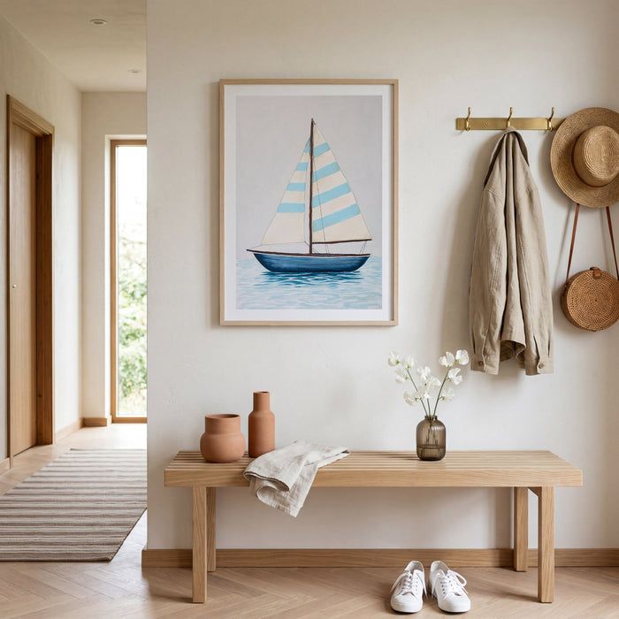 Boat painting in coastal hallway. Nautical-themed room with a bench, shoes, and wall art.