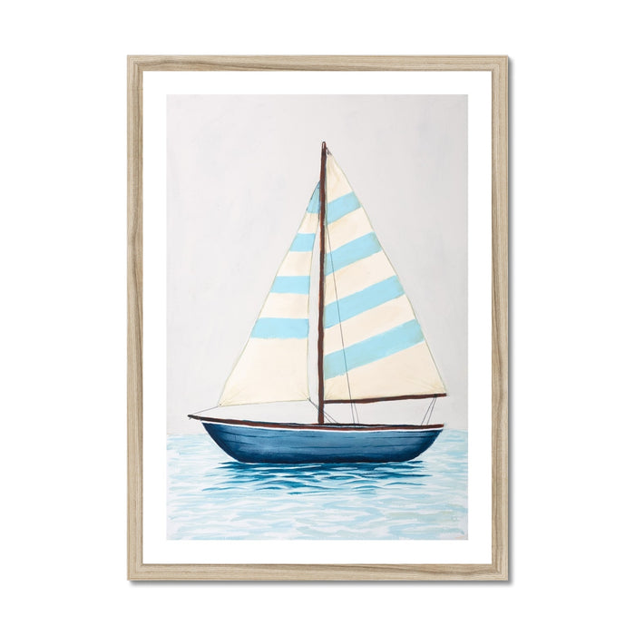 Framed artwork of a sailboat with striped sails on a light gray background