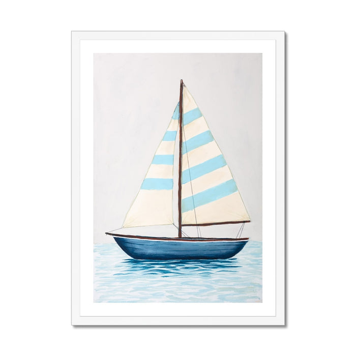 Framed artwork of a sailboat with striped sails on a light gray background