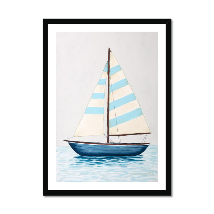 Framed artwork of a sailboat with striped sails on a light gray background
