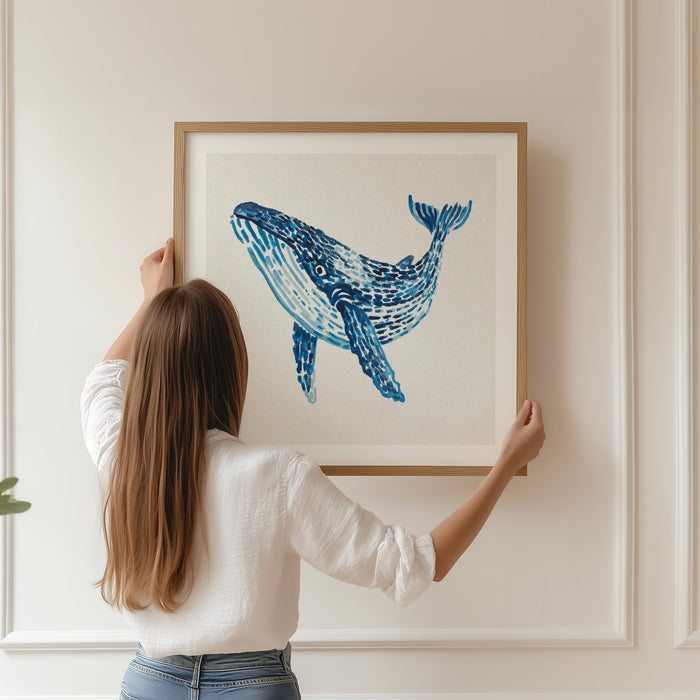 Blue whale coastal art print painted with layered blue watercolour brushstrokes on a neutral background