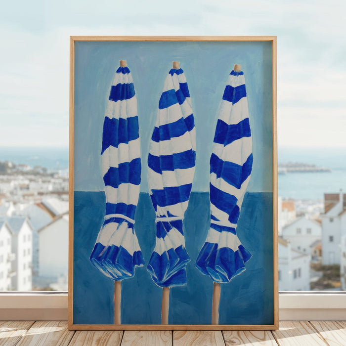 Blue & White Beach Umbrellas | Coastal Wall Art Print - Framed
