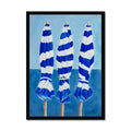 Blue & White Beach Umbrellas | Coastal Wall Art Print - Framed