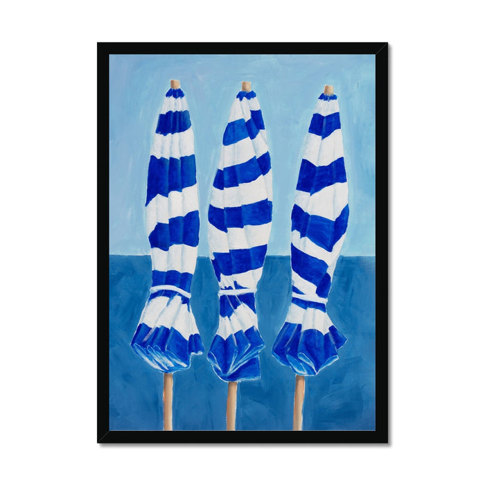 Blue & White Beach Umbrellas | Coastal Wall Art Print - Framed