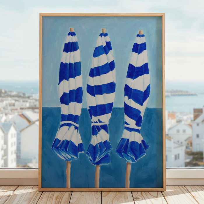 Blue & White Beach Umbrellas | Coastal Wall Art Print - Unframed