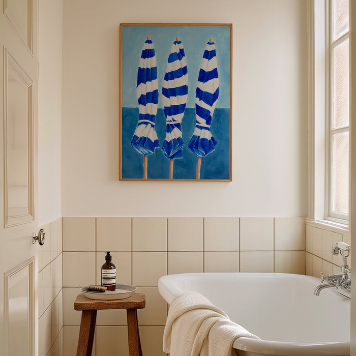 Blue & White Beach Umbrellas | Coastal Wall Art Print - Unframed