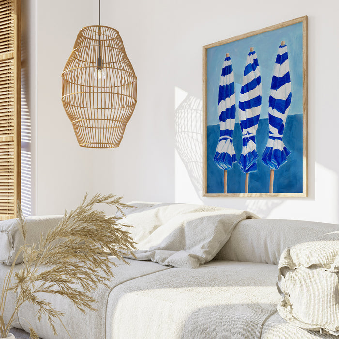 Blue & White Beach Umbrellas | Coastal Wall Art Print - Unframed