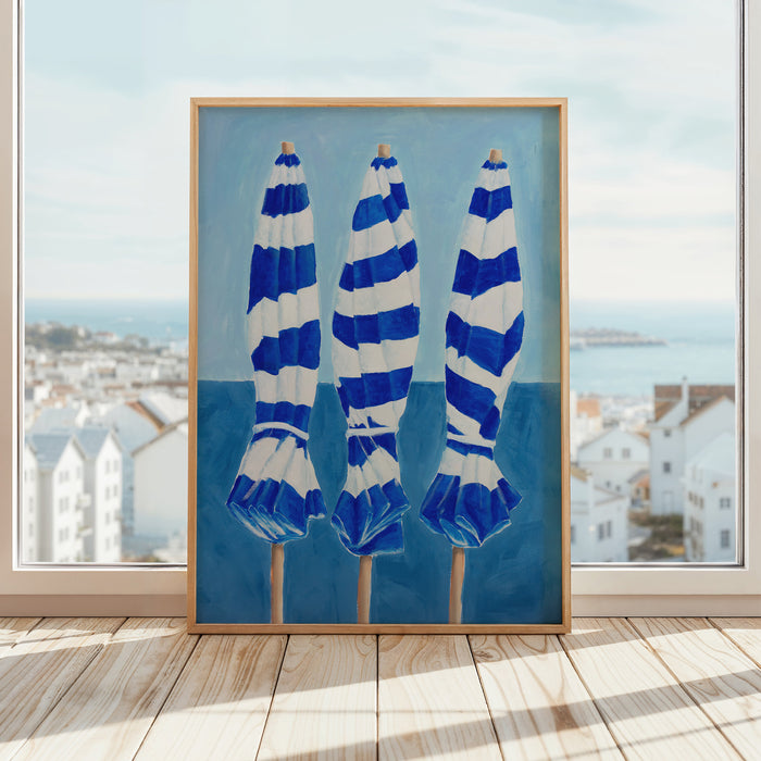 Blue & White Beach Umbrellas | Coastal Wall Art Print - Unframed
