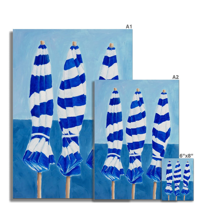 Blue & White Beach Umbrellas | Coastal Wall Art Print - Unframed