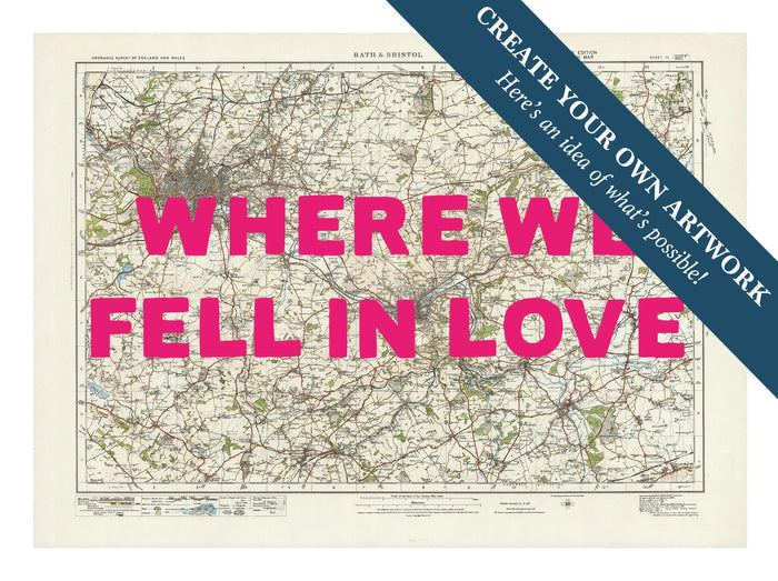 Custom map print of Bristol & Bath | Personalised Map Print | Map Prints with pink font - Framed wall art