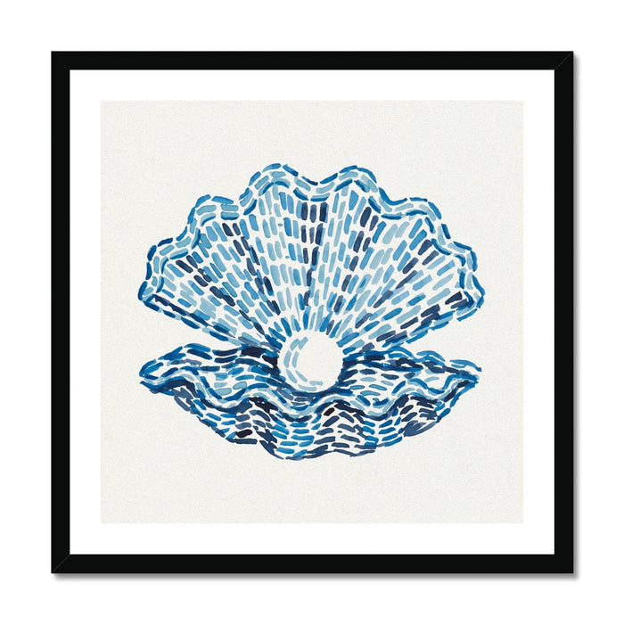 Pearl clam shell watercolour coastal art print in layered blue tones by Beach House Art