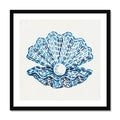 Pearl clam shell watercolour coastal art print in layered blue tones by Beach House Art
