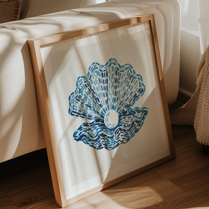 Pearl clam shell art print in layered blue tones by Beach House Art