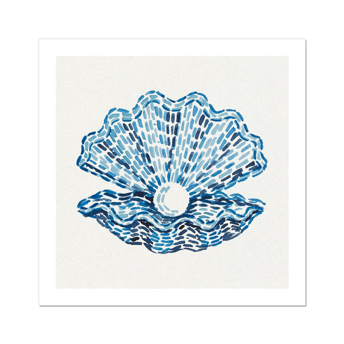 Pearl clam shell art print in layered blue tones by Beach House Art