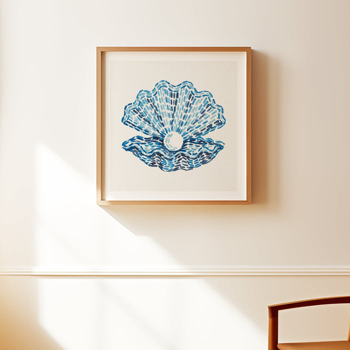 Framed artwork of a blue shell on a white wall