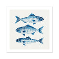Contemporary coastal fish artwork featuring three blue hand-painted fish on a soft neutral background