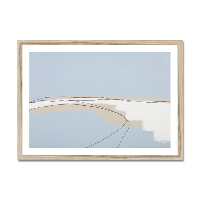 Framed abstract art print with wavy lines on a light blue background