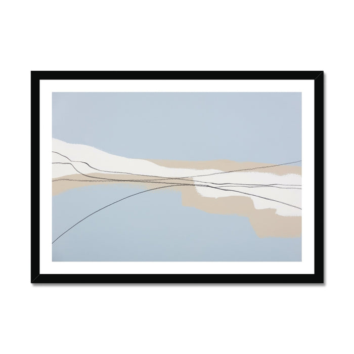 Framed abstract art print with wavy lines on a light blue background