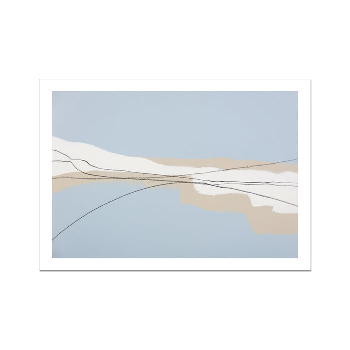 Abstract art print with wavy lines on a light blue background