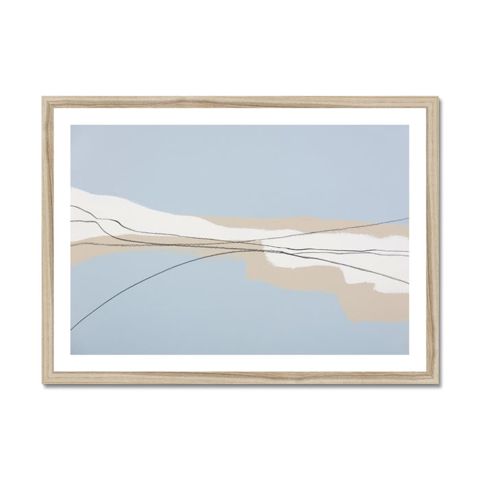 Framed abstract art with wavy lines on a light blue background