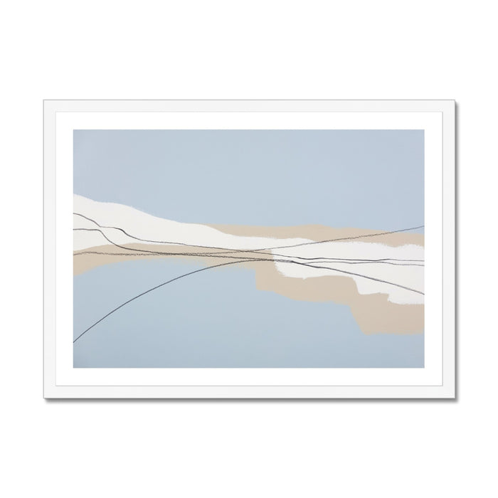 Framed abstract art print with wavy lines on a light blue background