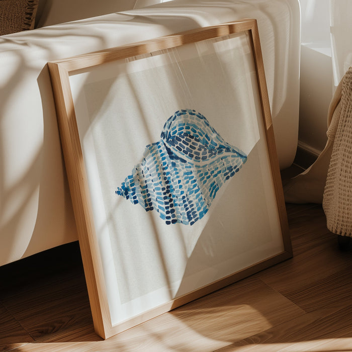 Conch shell painting with layered blue brushstrokes on a neutral background, contemporary coastal wall art in living room