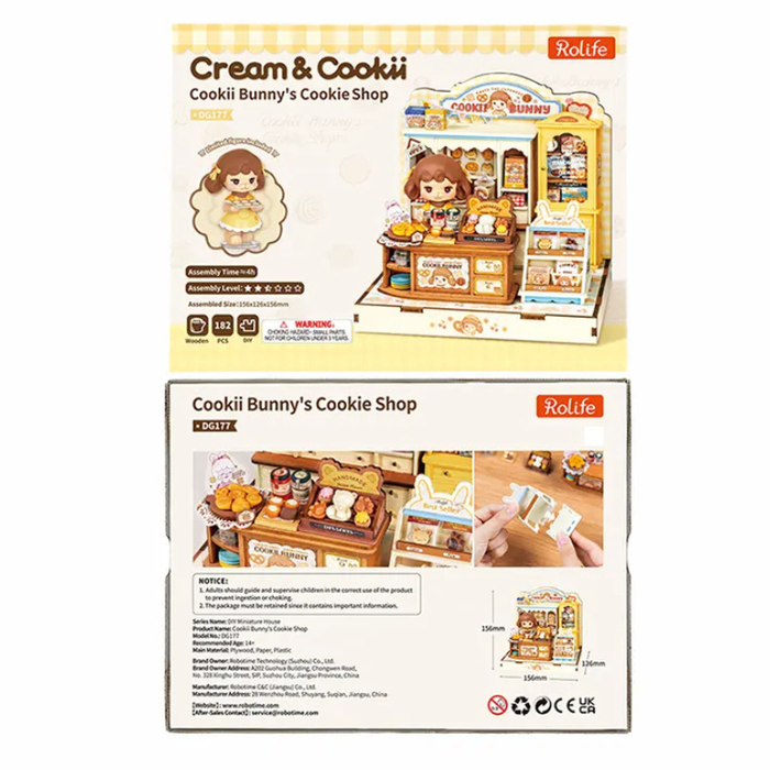 The retail packaging of the 'Cream & Cookii' Cookii Bunny's Cookie Shop (ED1017) wooden miniature building set by Rollife, showing both the front and back of the box on a white background.