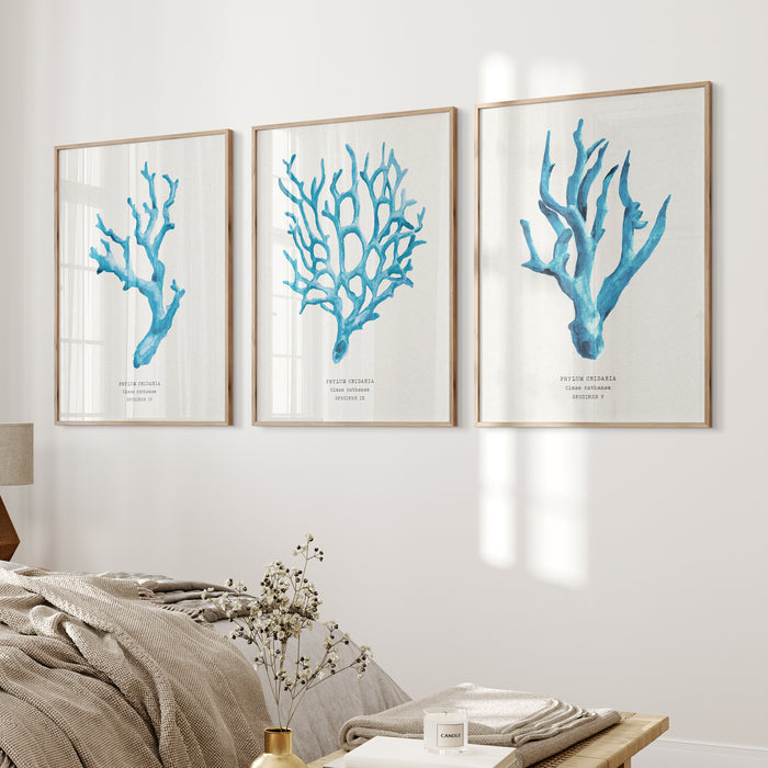 Set of three coral art prints - coral paintings as a set framed in natural frame above a bed.