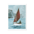 Painting of a sailboat with a red sail on a body of water with cliffs in the background.
