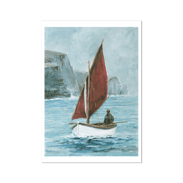 Painting of a sailboat with a red sail on a body of water with cliffs in the background.