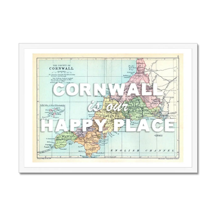 Cornwall is our Happy Place Art print | Cornwall Map Print | Vintage Map Prints with white text - Framed Wall Art