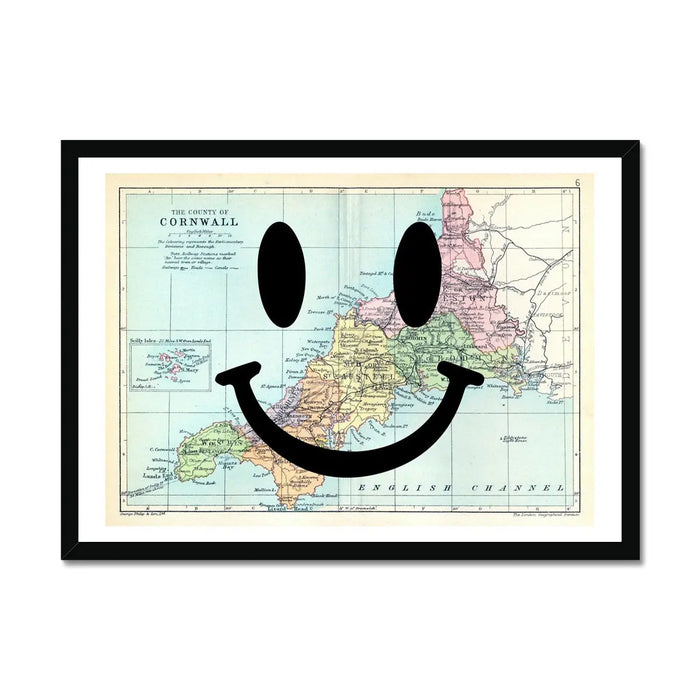 Cornwall Makes Me Happy Map Art Print | Cornwall Map Print | Vintage Map Art - Framed Wall Art