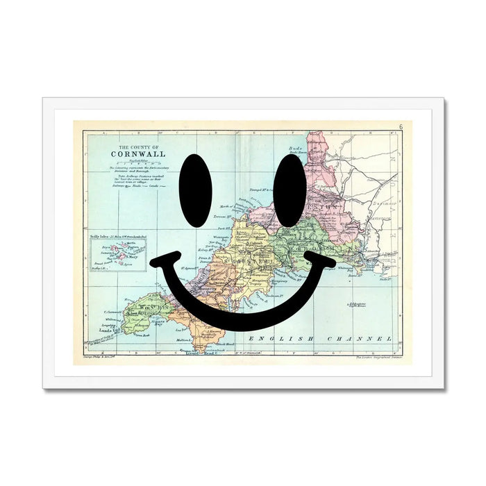 Cornwall Makes Me Happy Art Print | Cornwall Map Print | Vintage Map Art - Framed Wall Art