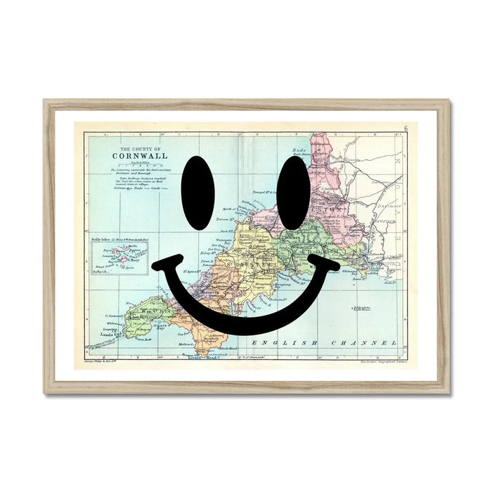 Cornwall Makes Me Happy Art Print | Cornwall Map Print | Vintage Map Art - Framed Wall Art