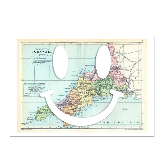 Cornwall Makes Me Happy White (Cornwall Map) Vintage Map Art - Framed