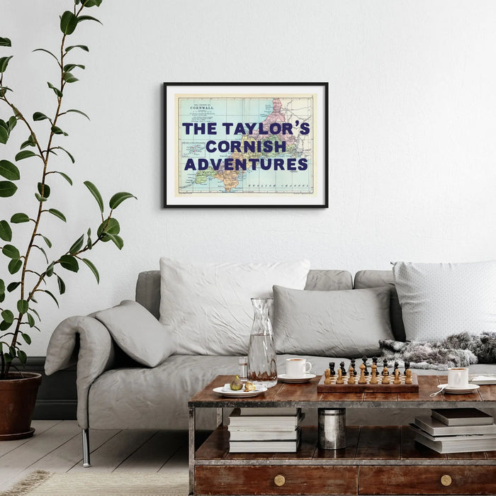 Custom map print of Cornwall | Personalised Map Art Print in Navy Font - Framed Wall Art