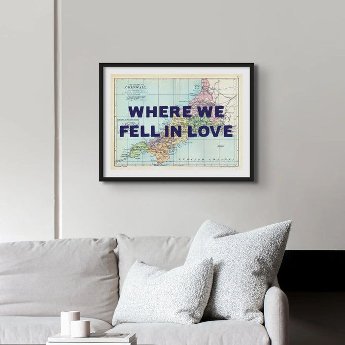 Custom map print of Cornwall | Personalised Map Art Print in Navy Font - Framed Wall Art