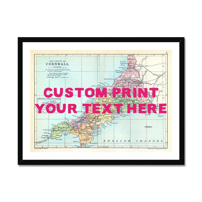 Custom Map Print of Cornwall | Personalised Art Print Pink Font - Framed Wall Art