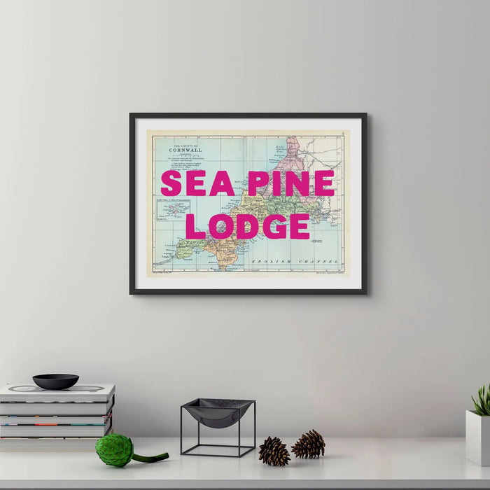 Custom Map Print of Cornwall | Personalised Art Print Pink Font - Framed Wall Art