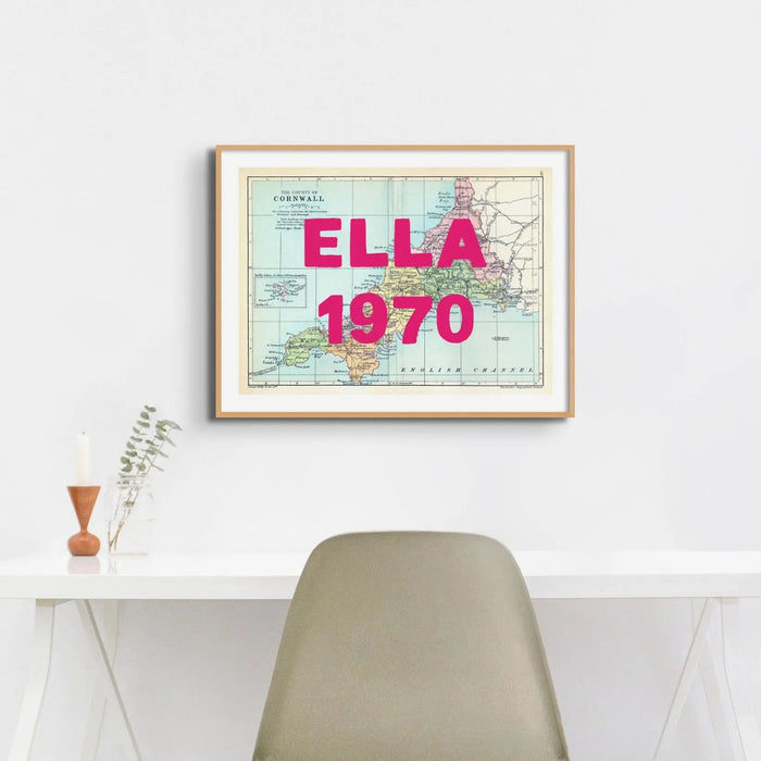 Custom Map Print of Cornwall | Personalised Art Print Pink Font - Framed Wall Art