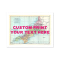A vintage map of Cornwall with a pink hand-drawn font overlay that says 'CUSTOM PRINT YOUR TEXT HERE'.