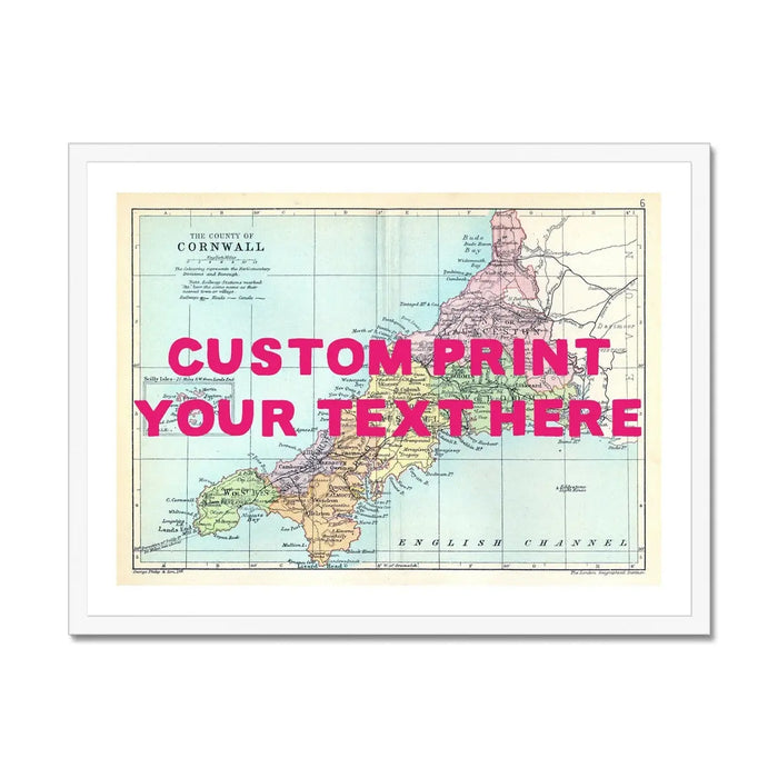 Custom Map Print of Cornwall | Personalised Art Print Pink Font - Framed Wall Art