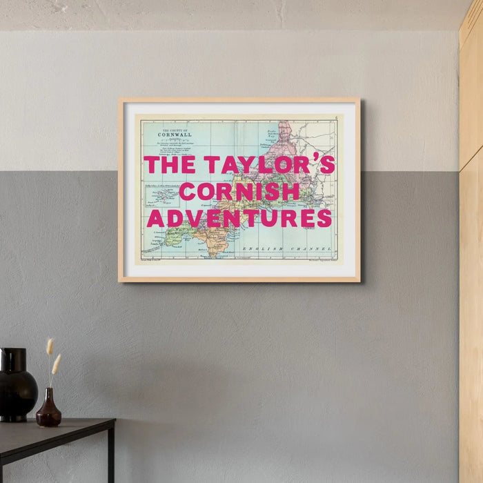 Custom Map Print of Cornwall | Personalised Art Print Pink Font - Framed Wall Art