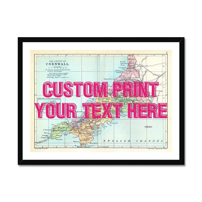 Cornwall Custom Map Print | Personalised Art Print with Pink Font - Framed Wall Art