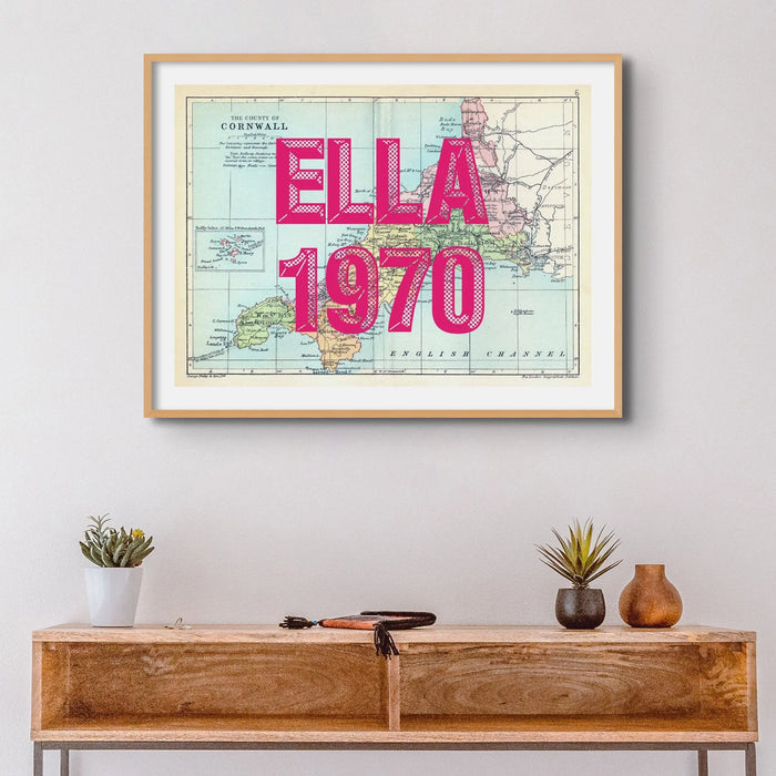 Cornwall Custom Map Print | Personalised Art Print with Pink Font - Framed Wall Art