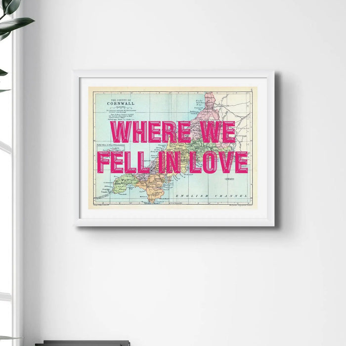 Cornwall Custom Map Print | Personalised Art Print with Pink Font - Framed Wall Art