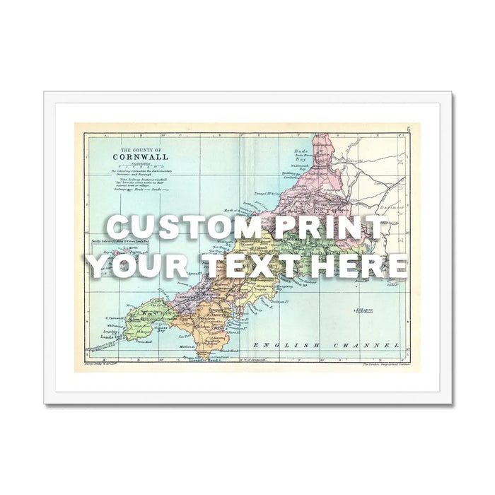 Custom Cornwall Map Print | Personalised Art Print with White Font - Framed Wall art