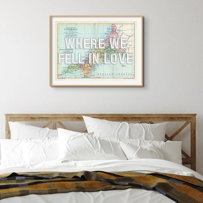 Custom Cornwall Map | Personalised Map Art Print | White Vintage Font - Framed Wall Art
