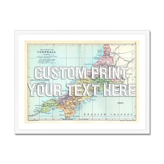 Custom Cornwall Map | Personalised Map Art Print | White Vintage Font - Framed Wall Art